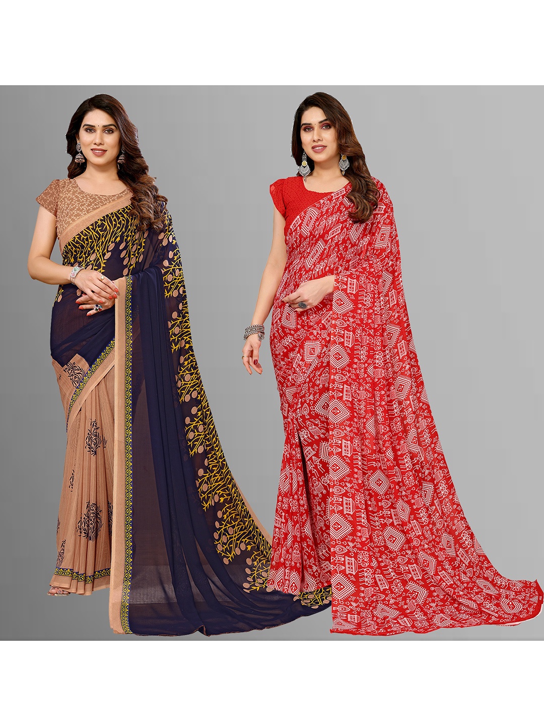 

ANAND SAREES Selection of 2 Floral Printed Sarees, Navy blue