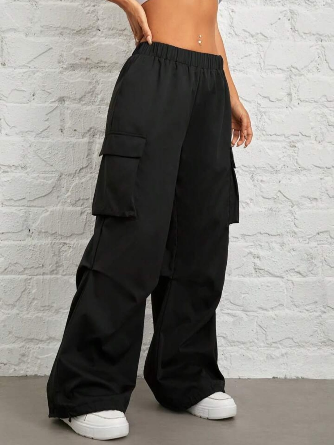 

BROADSTAR Women High Rise Loose Fit Cargo Track Pants, Black