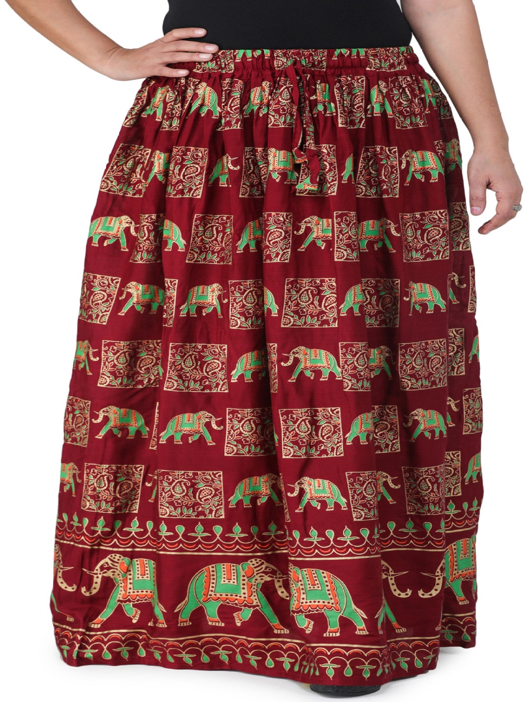 

Exotic India Printed Pure Cotton Maxi Skirts, Maroon