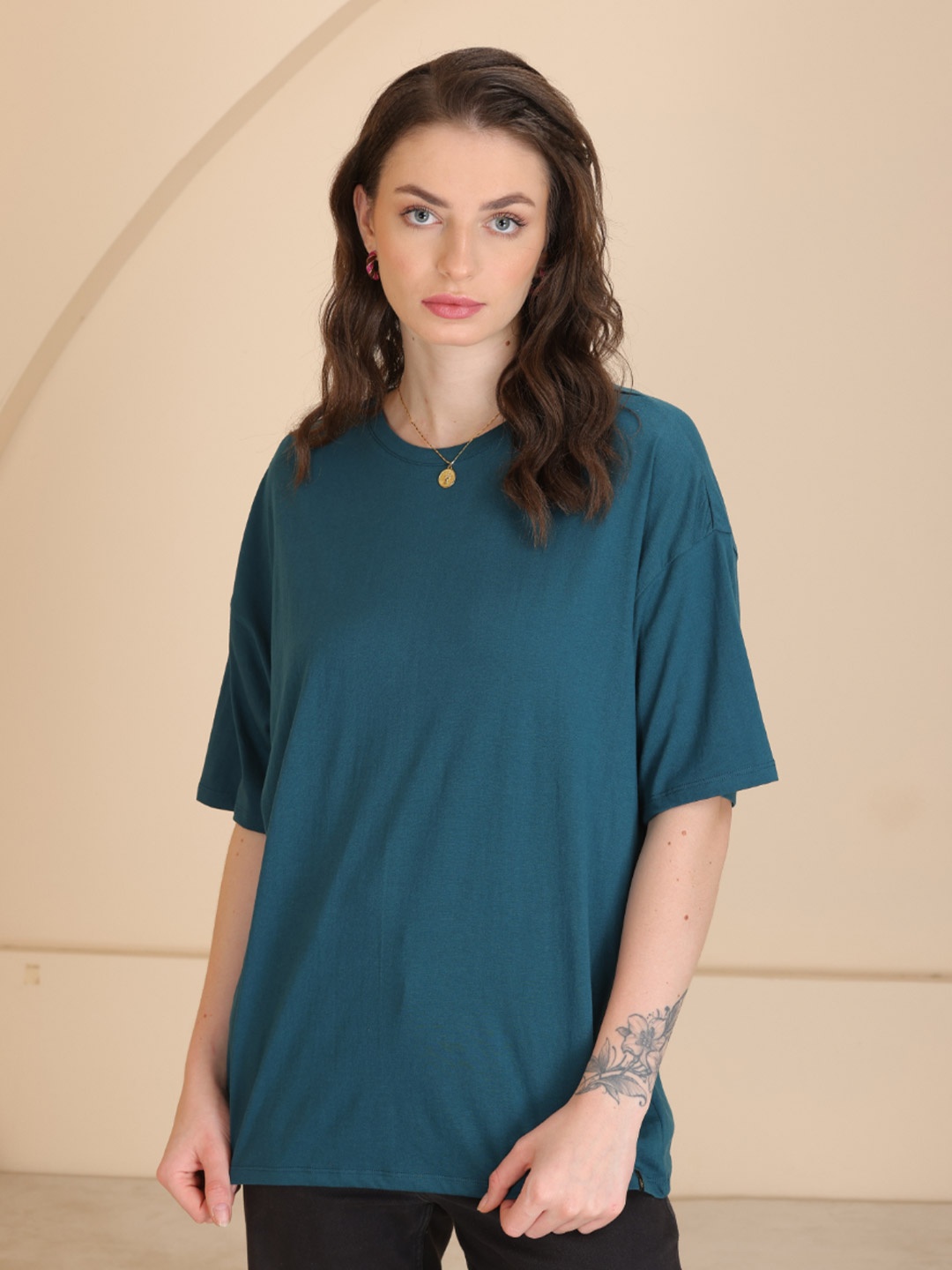 

TITTLI Women Extended Sleeves Pure Cotton Pockets Boxy T-shirt, Violet
