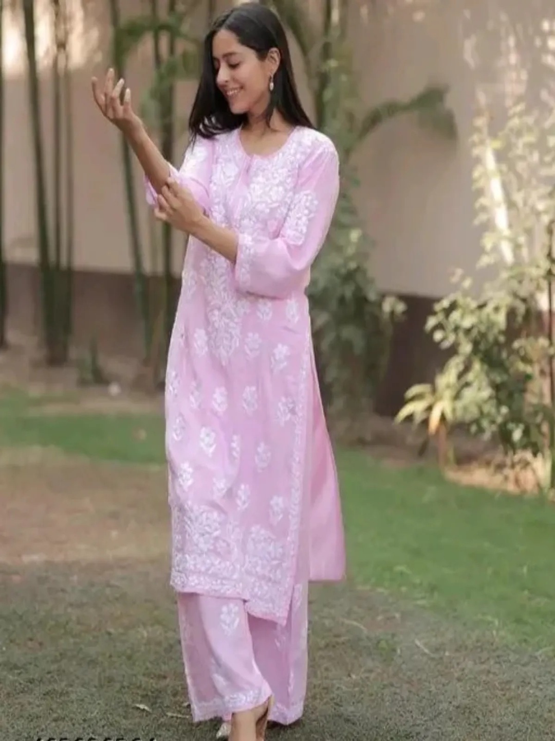 

Rujave Floral Embroidered Chikankari Straight Kurta With Palazzo, Pink