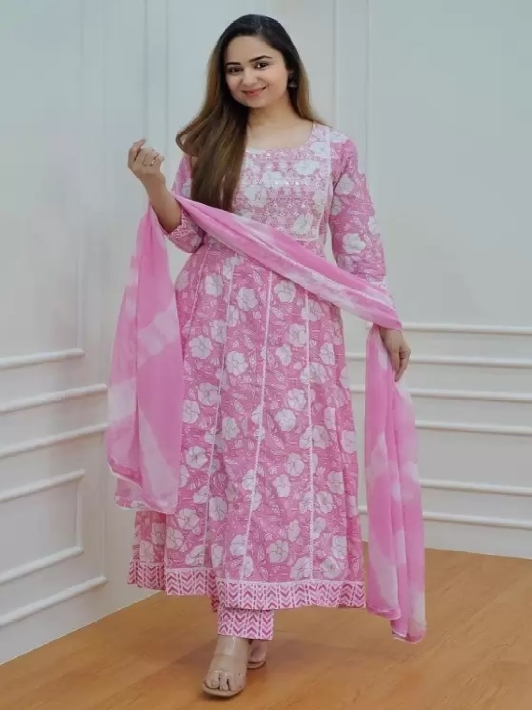 

KALINI Women Floral Printed Regular Mirror Work Pure Cotton Kurta with Palazzos & Dupatta, Pink