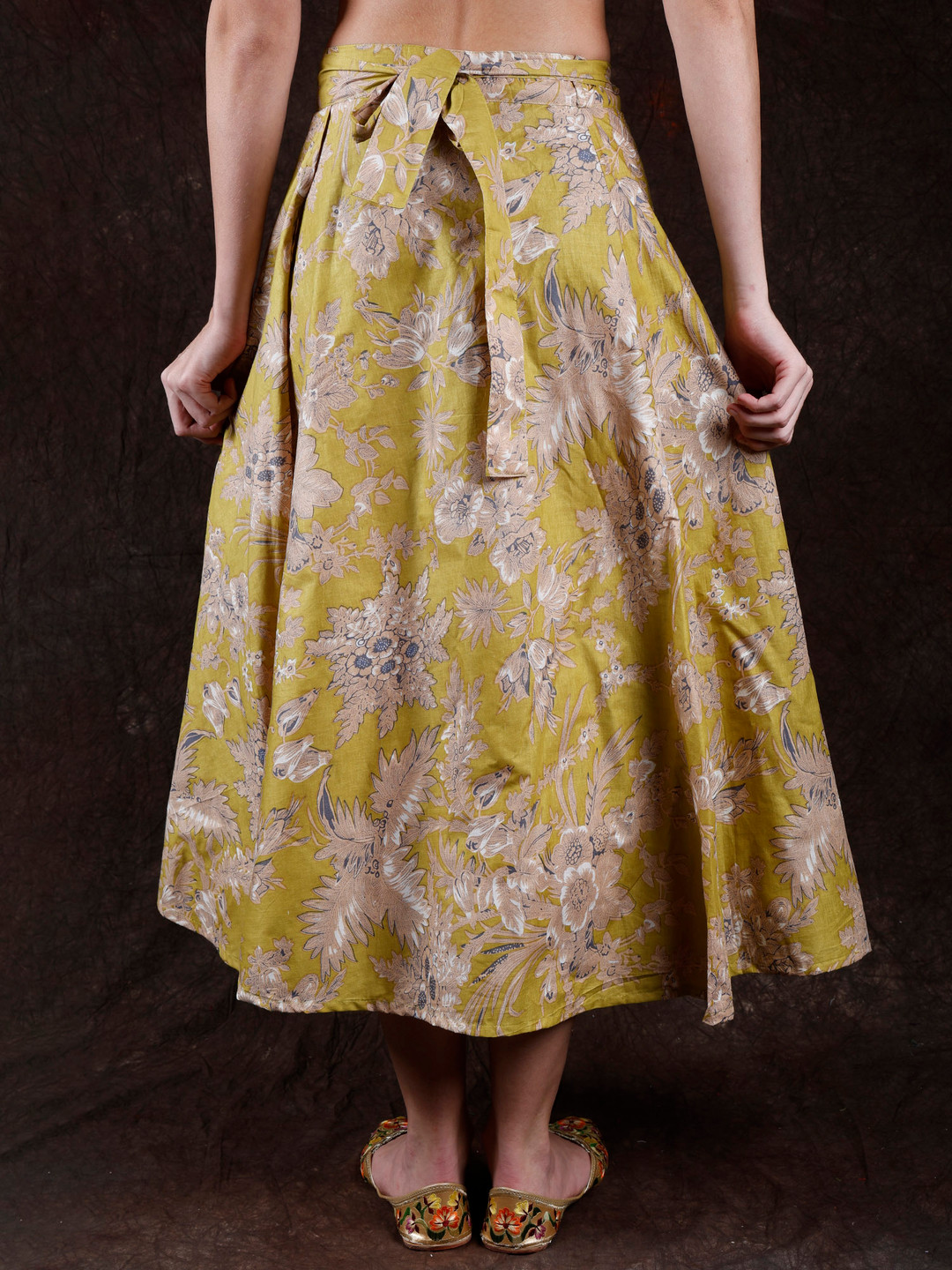 

Exotic India Floral Printed Pure Cotton Wrap Maxi Skirt, Mustard