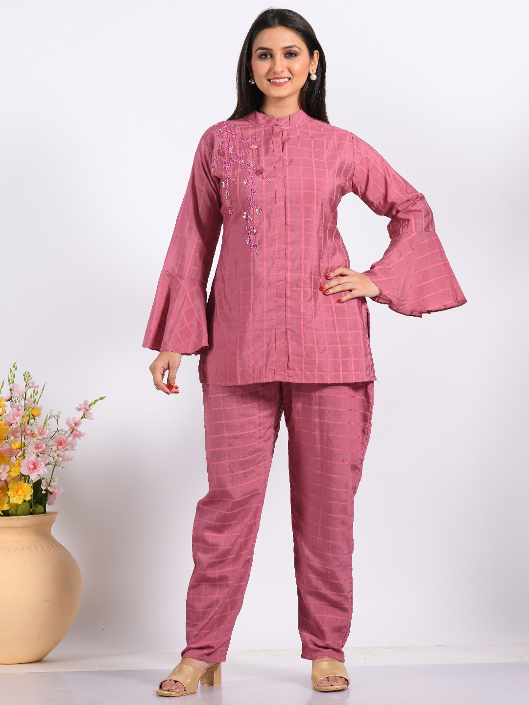 

Morchari Checked Mandarin Collar Neck Top & Flared Trouser Co-Ords, Peach