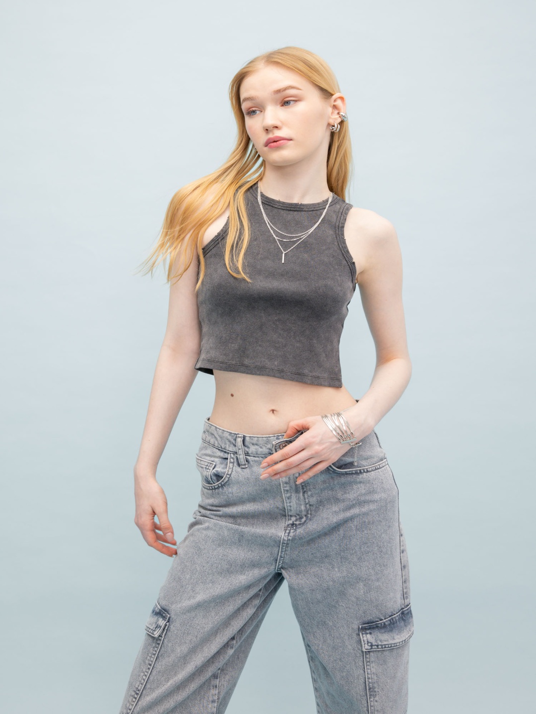 

DeFacto Ribbed Sleeveless Fitted Crop Top, Grey