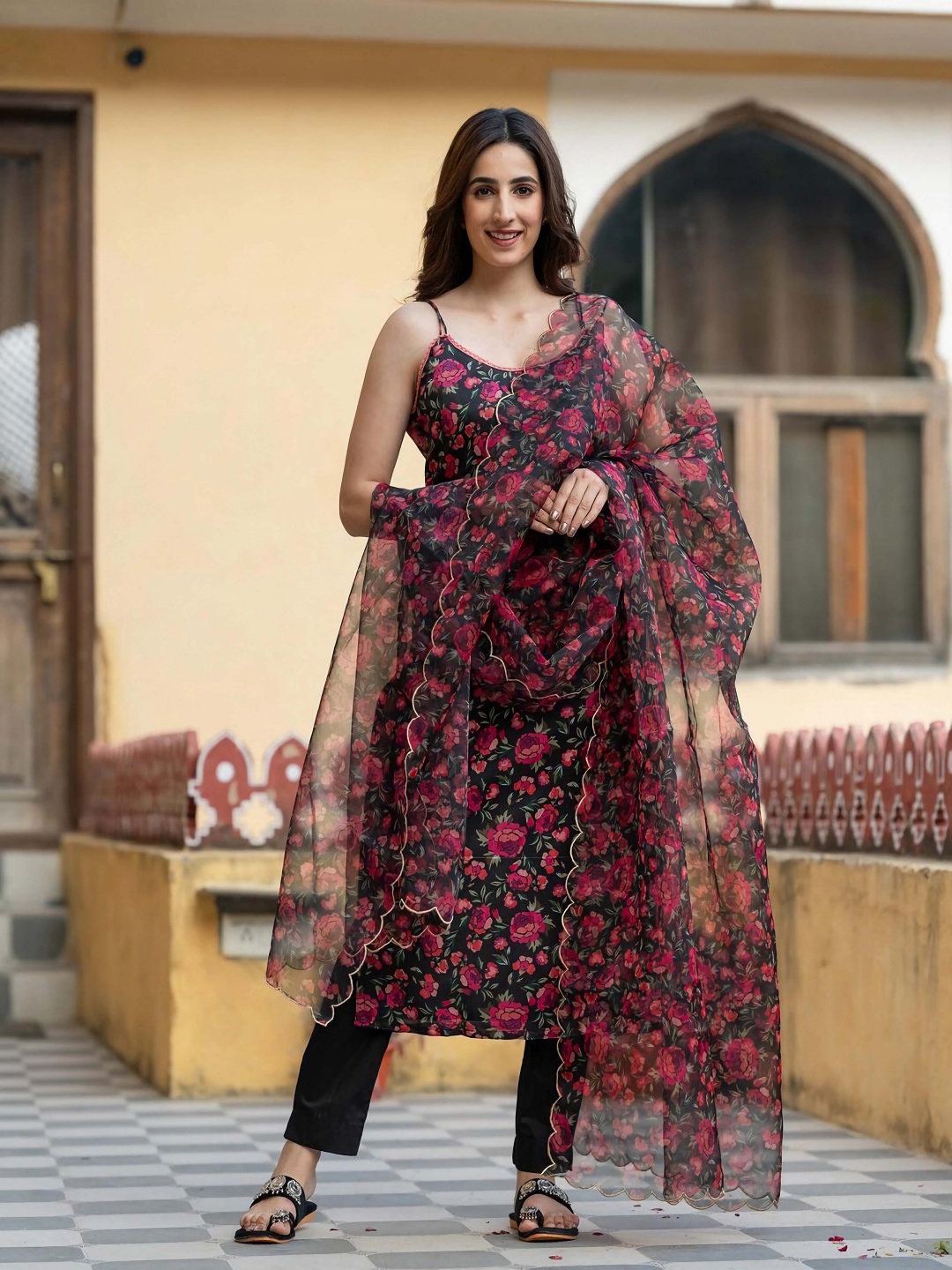 

KALINI Floral Printed Shoulder Straps Straight Kurta With Trousers & Dupatta, Black