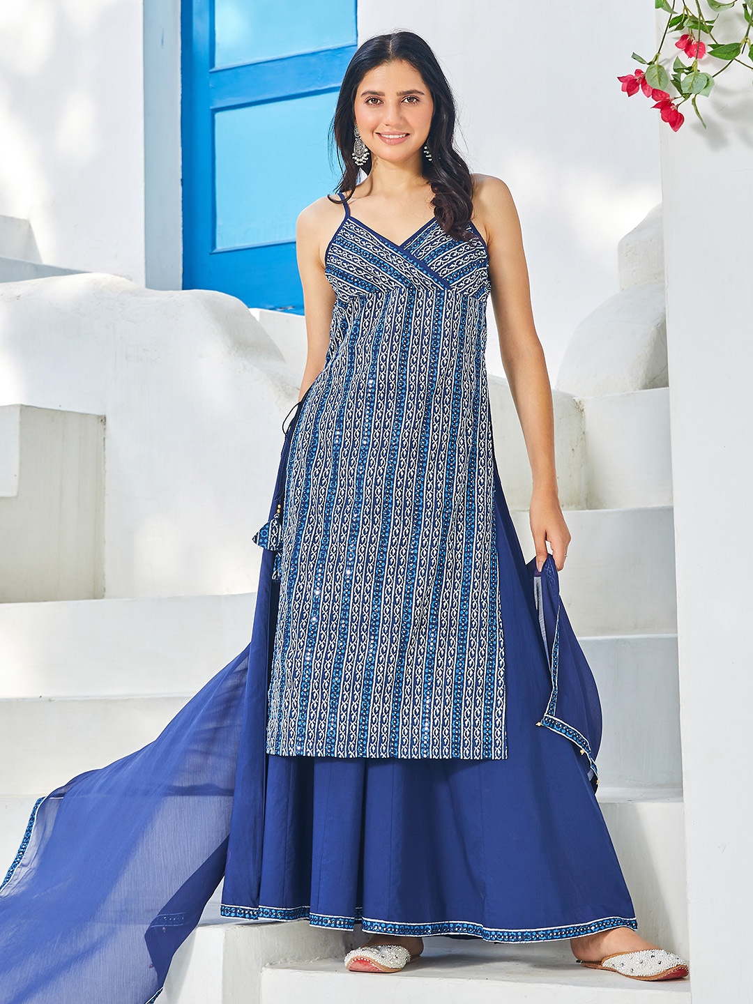 

Biba Ethnic Motifs Printed Pure Cotton Kurta With Sharara & Dupatta, Blue