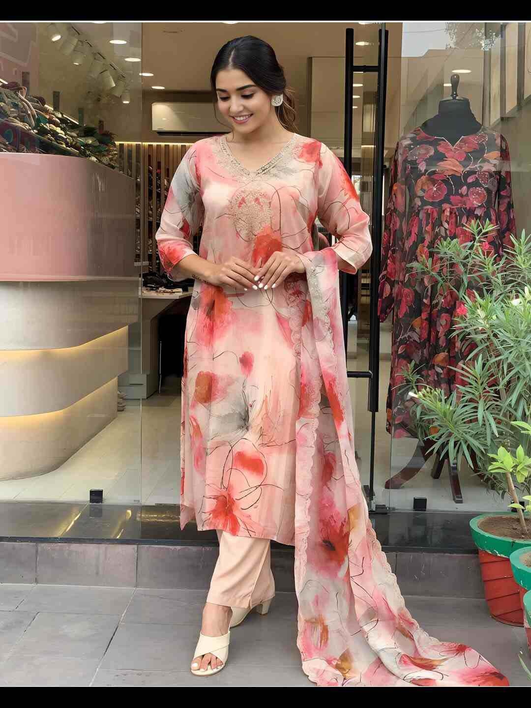 

BLACK SCISSOR Women Floral Printed Regular Sequinned Kurta with Trousers & With Dupatta, Pink