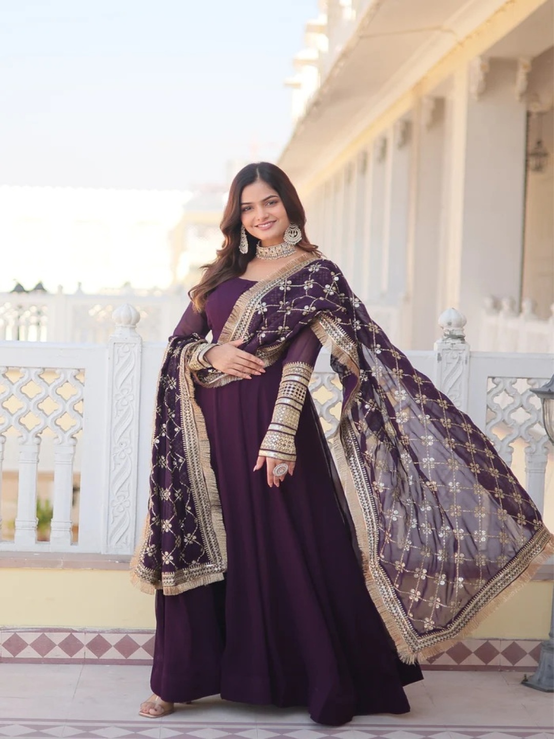 

Fashionuma Round Neck Georgette Anarkali Kurta with Salwar & Dupatta, Purple