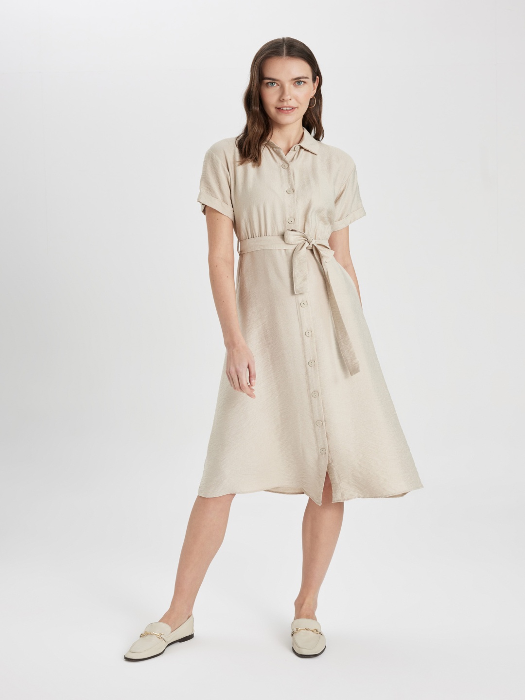 

DeFacto Roll Up Sleeves Shirt Midi Dress, Khaki