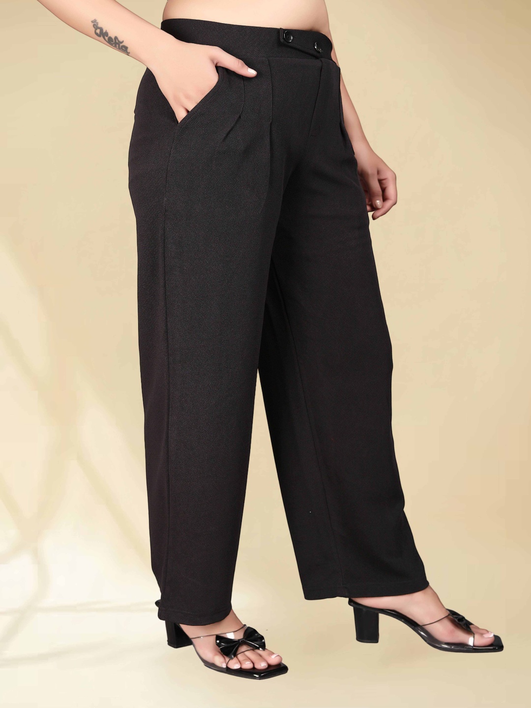 

N N ENTERPRISE Women High-Rise Relaxed Easy Wash Pleated Trousers, Black
