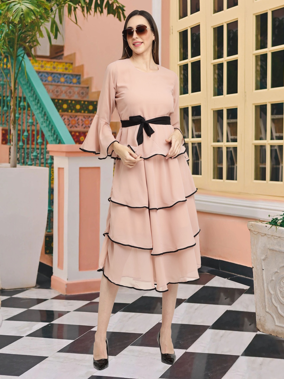 

MISS AYSE Women Solid Applique Round Neck Midi Bell Sleeve A-Line Dress, Pink