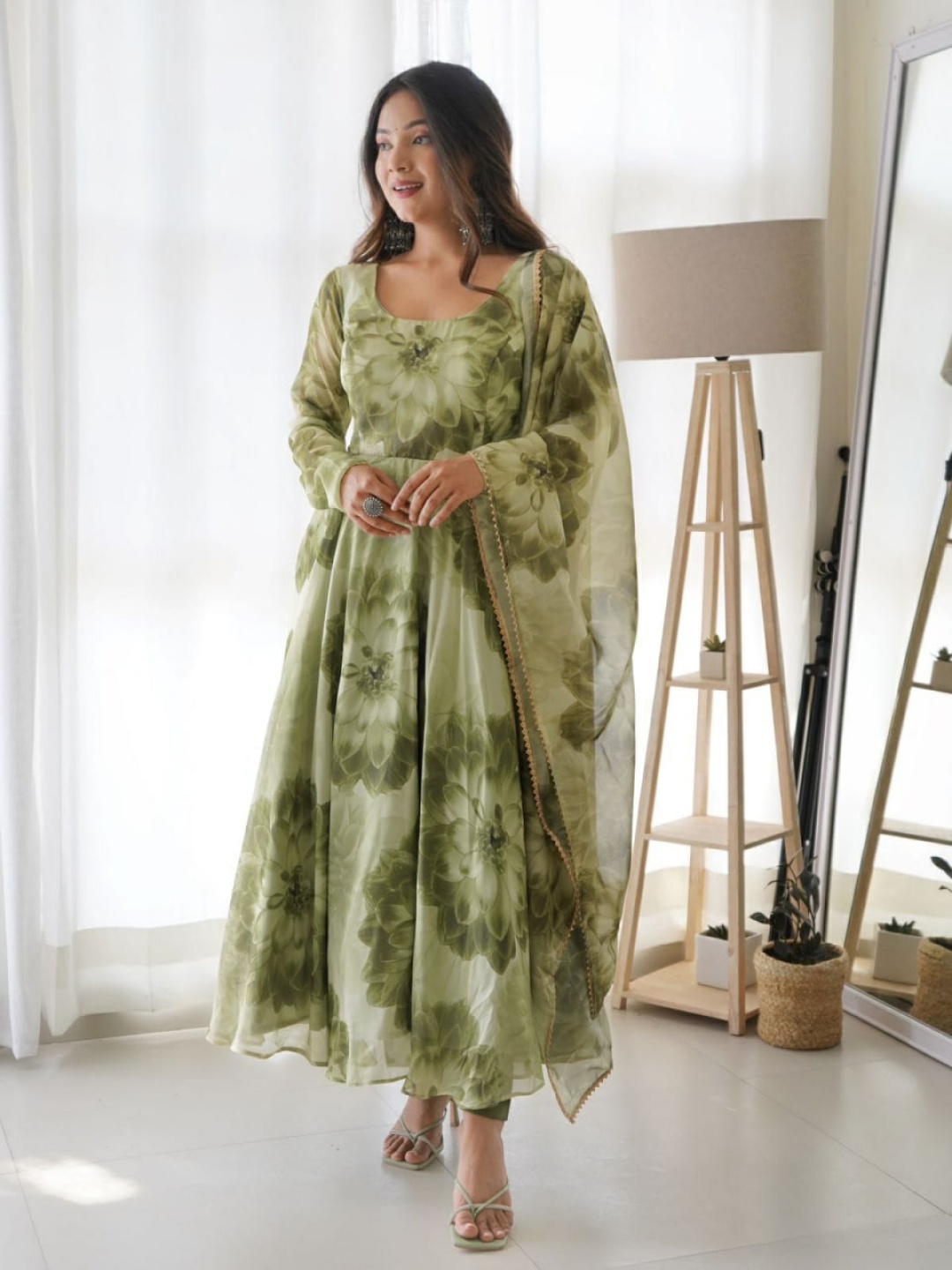 

Fusionic Printed Flared Ethnic Maxi Gown Dresses With Dupatta, Olive