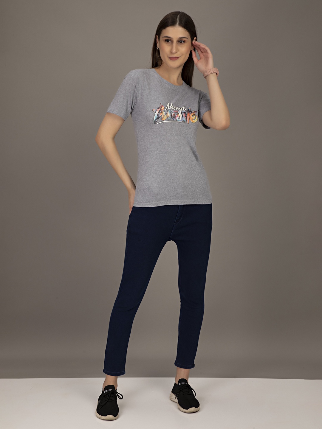 

STHULAS Women Typography Printed T-shirt, Grey