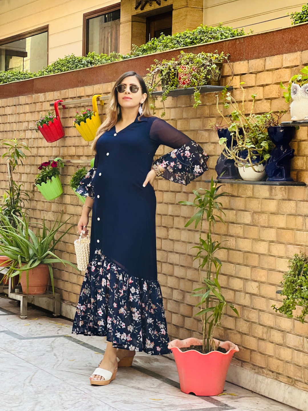 

LAKHINA COUTURE Floral Print Ruffled Georgette Maxi Dress, Blue