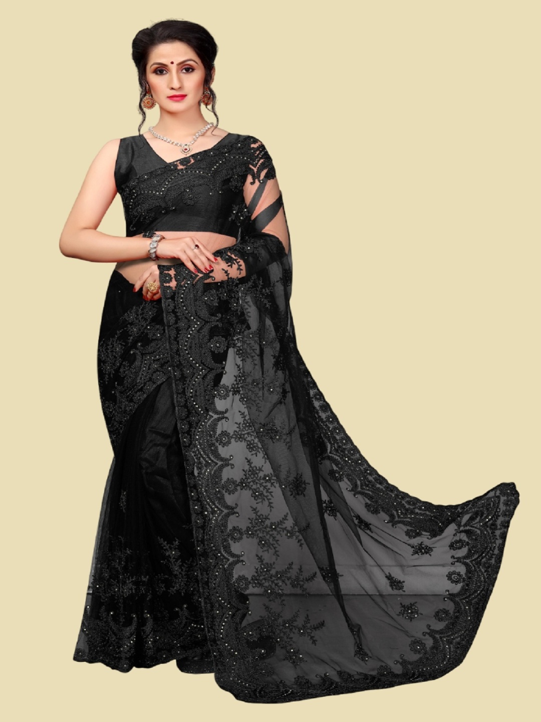 

LADY SHOPI Embellished Embroidered Saree, Black