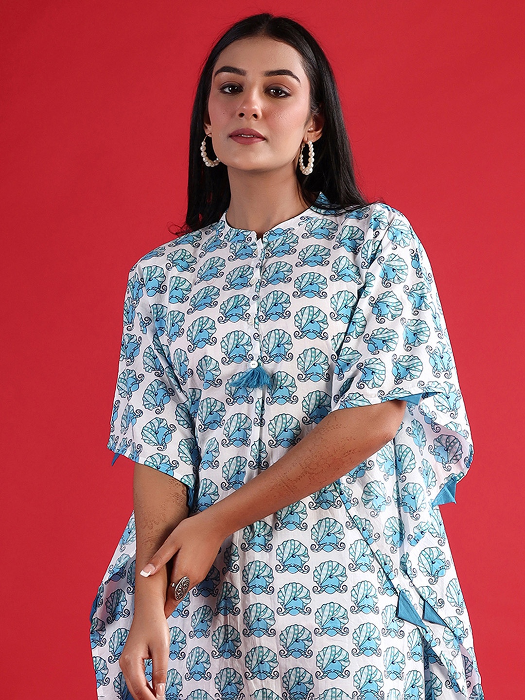 

Indo Era Printed Pure Cotton Kaftan With Trouser Co-Ords, White
