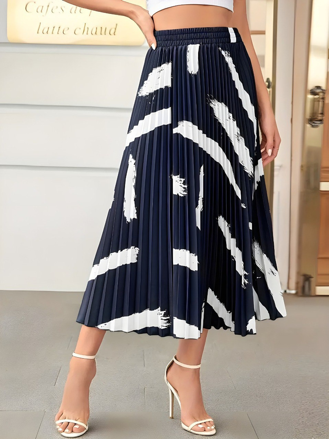 

OTABU Printed Accordion Pleated A-Line Midi Skirts, Navy blue
