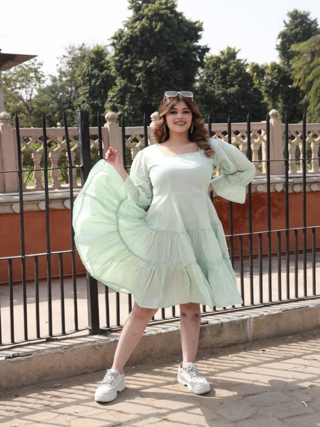 

Swadeshi Shringaar Square Neck Puff Sleeves Gathered Pure Cotton Fit & Flare Dress, Green