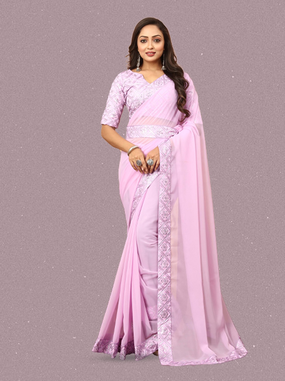 

N N ENTERPRISE Sequinned Embroidered Belted Saree, Pink