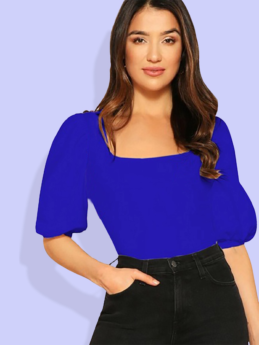 

Dream Beauty Fashion Women Blue Square neck Short Puff Sleeve Top
