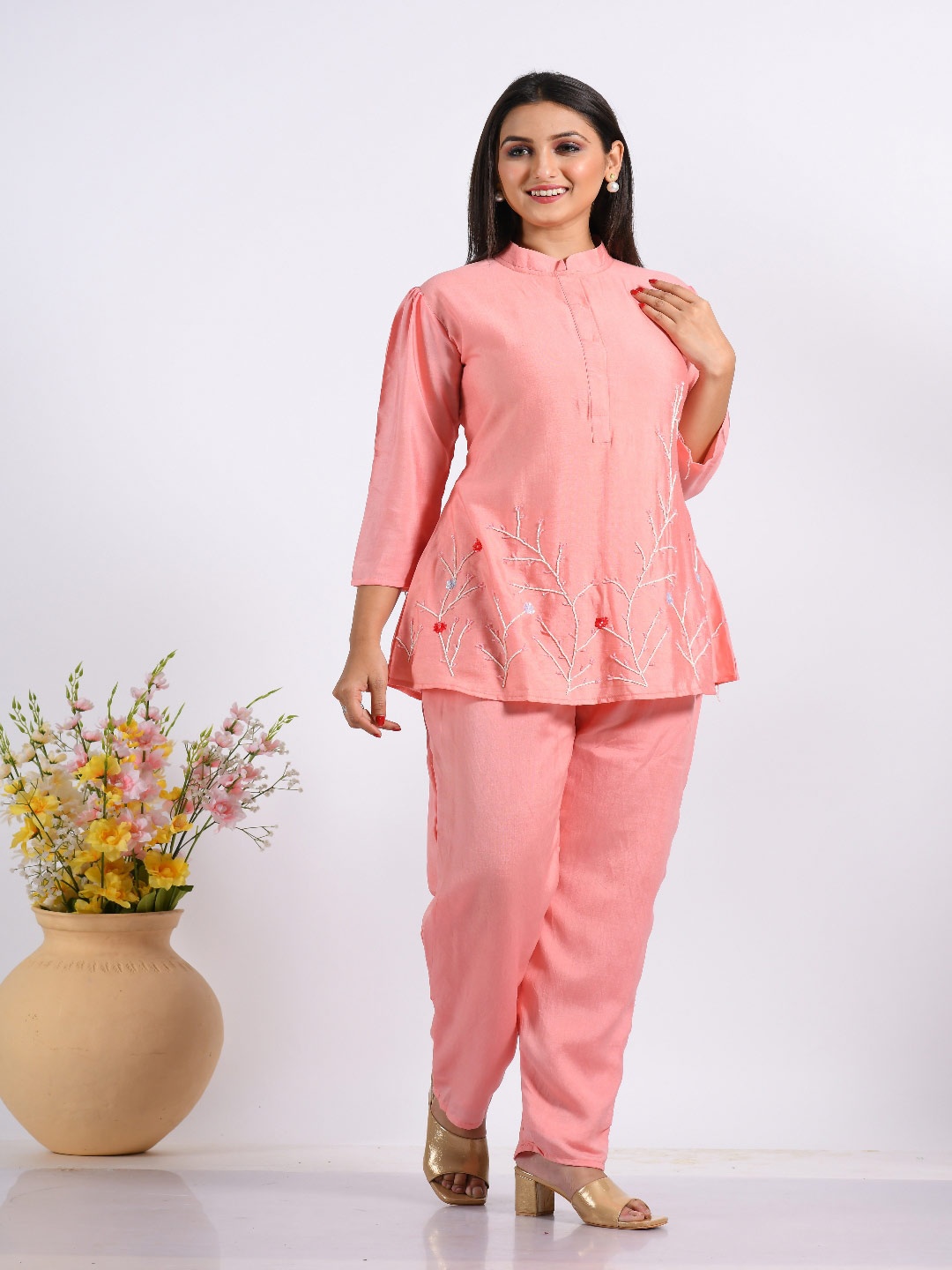 

Morchari Embroidered Mandarin Collar Neck Top & Flared Trouser Co-Ords, Peach