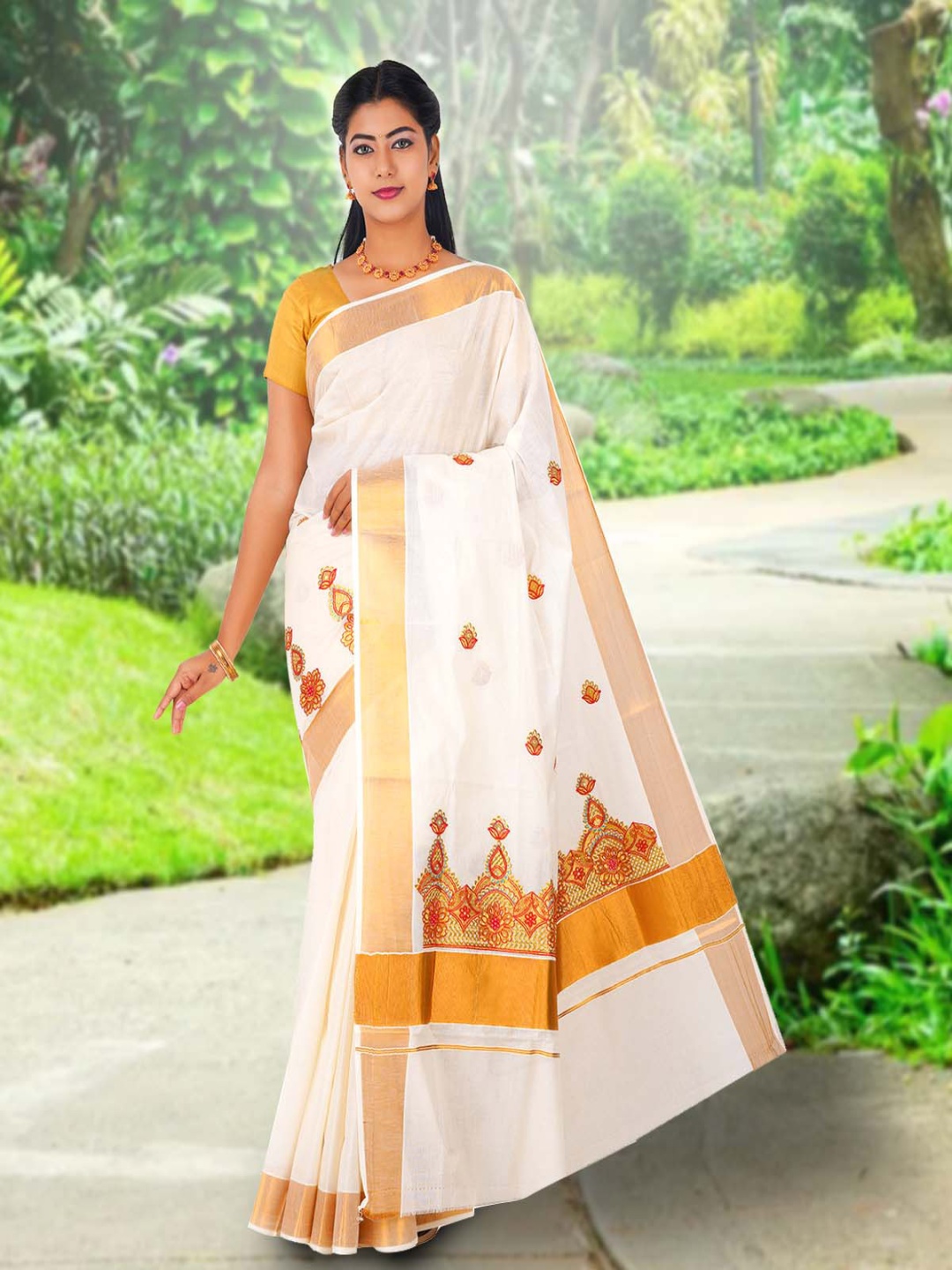 

Rst R Selvamani Tex Ethnic Motifs Zari Pure Cotton Kasavu Saree, Off white