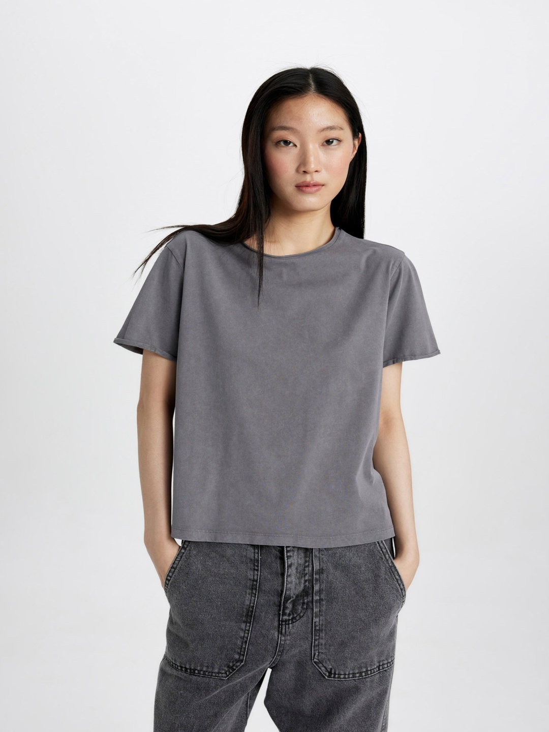 

DeFacto Women Cut Outs T-shirt, Grey