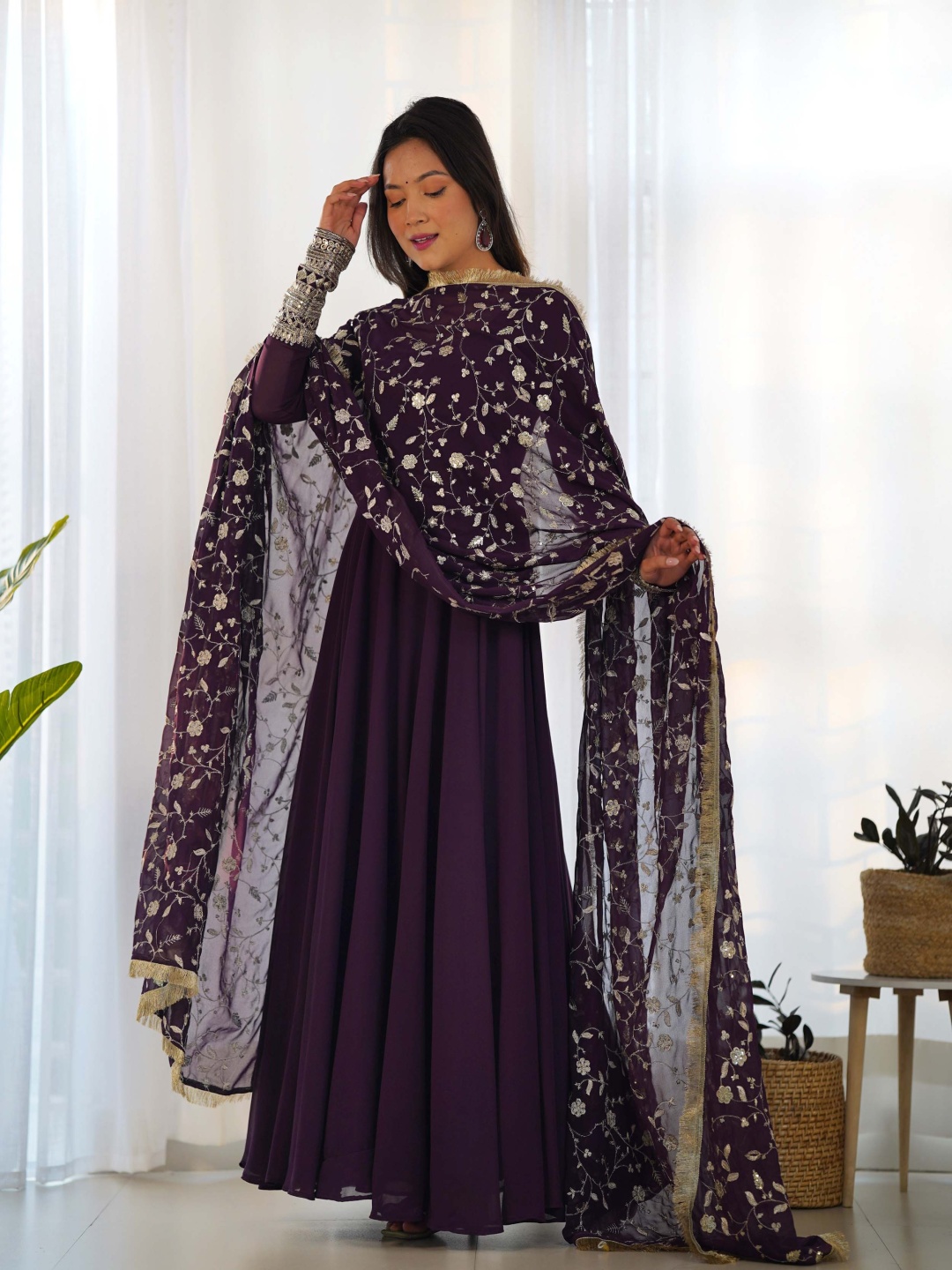 

KALINI Women Anarkali Kurta with Trousers With Dupatta, Burgundy