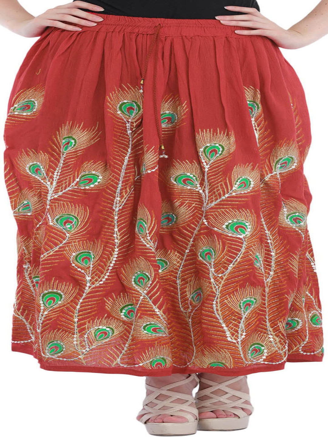 

Exotic India Printed A-Line Maxi Skirts, Red