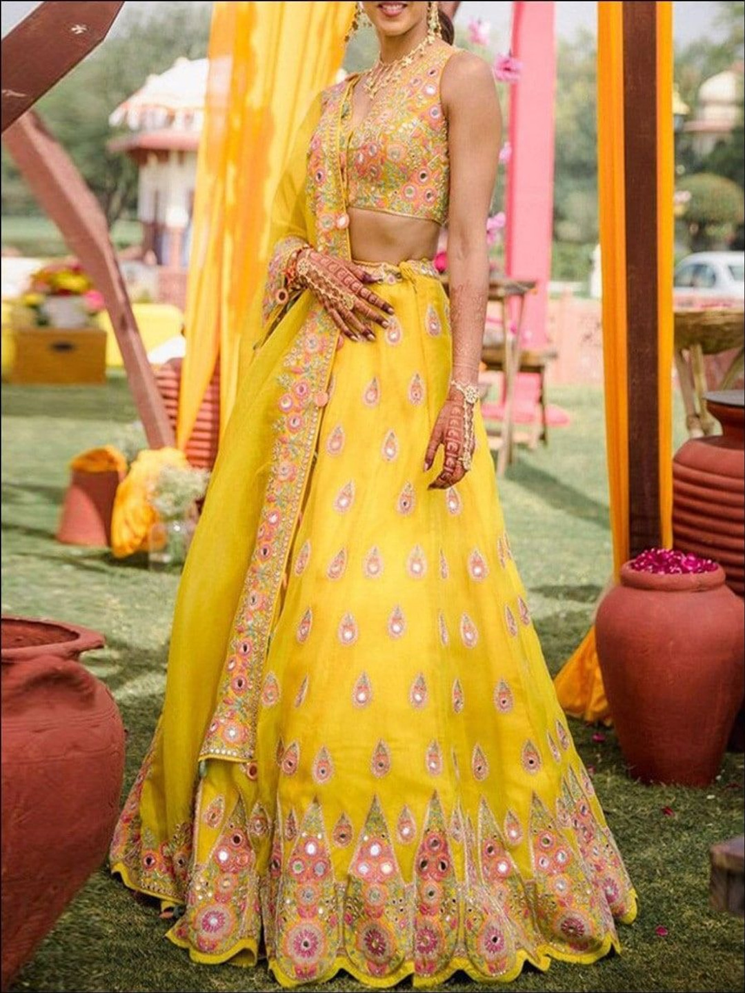 

Rujave Embellished Thread Work Semi-Stitched Lehenga & Unstitched Blouse With Dupatta, Yellow