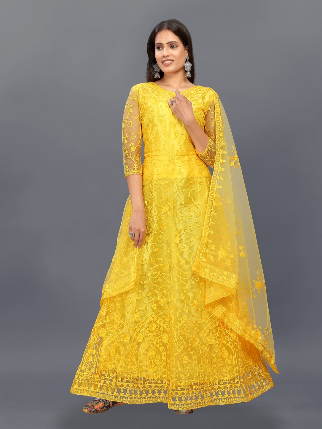 

JULEE Women Embellished Embroidered Net Fit & Flare Maxi Ethnic Dresses, Yellow