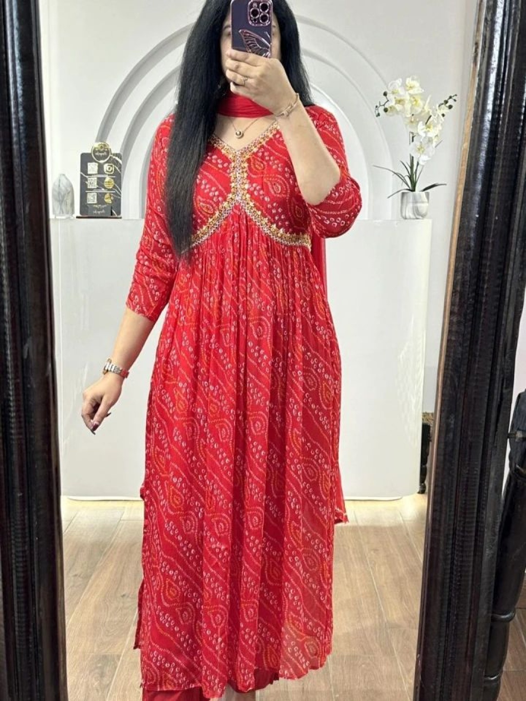

KALINI Women Bandhani Printed Regular Kurta with Palazzos & With Dupatta, Red