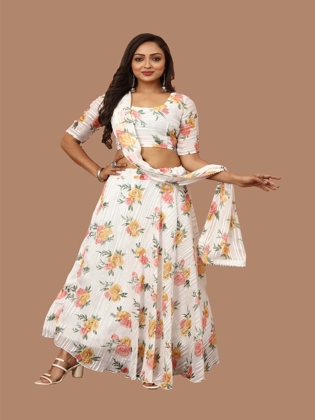 

N ENTERPRISE Printed Gotta Patti Semi-Stitched Lehenga & Unstitched Blouse With Dupatta, White