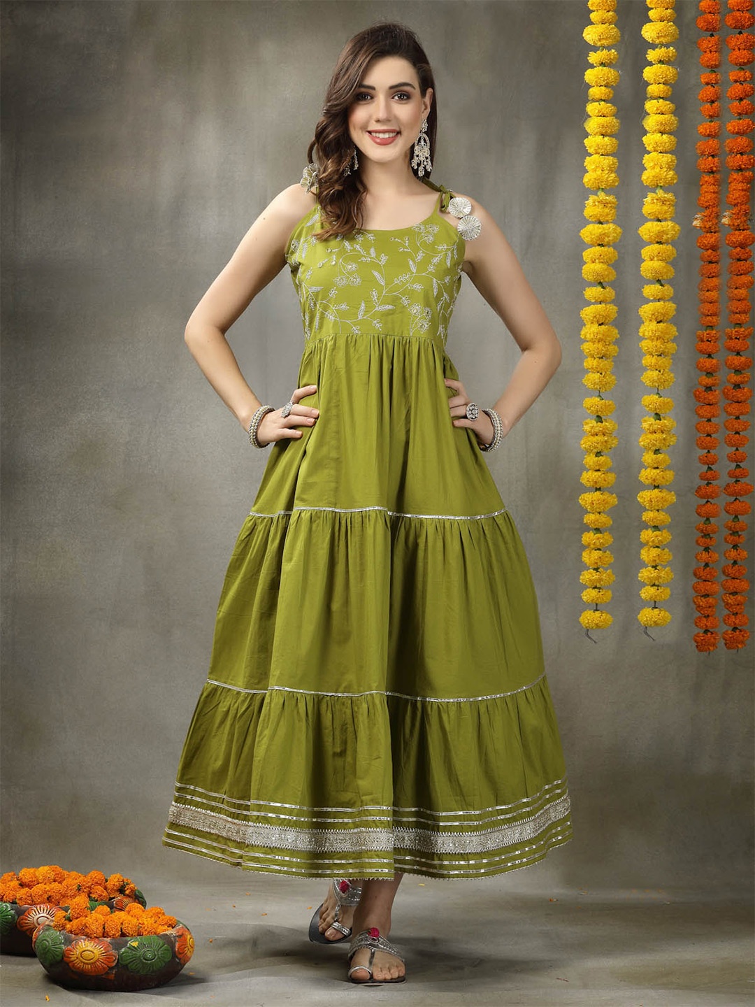 

Stylum Embroidered Pure Cotton Ethnic Dress with Dupatta, Green