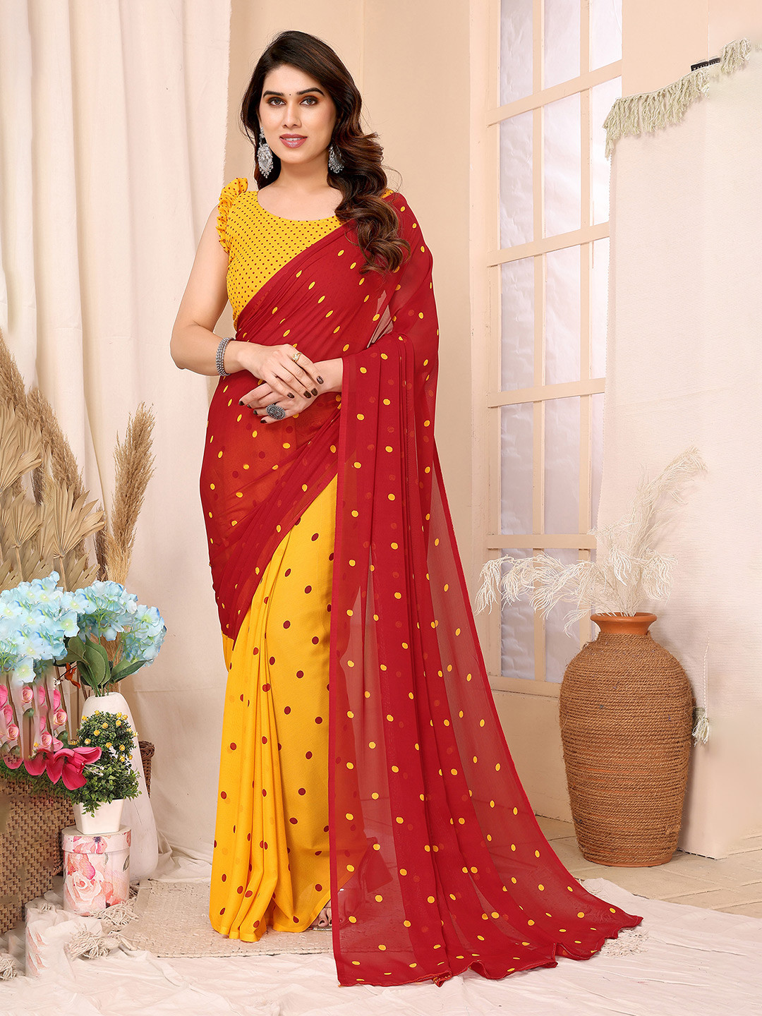 

Moda Rapido Polka Dot Poly Georgette Half and Half Saree, Red