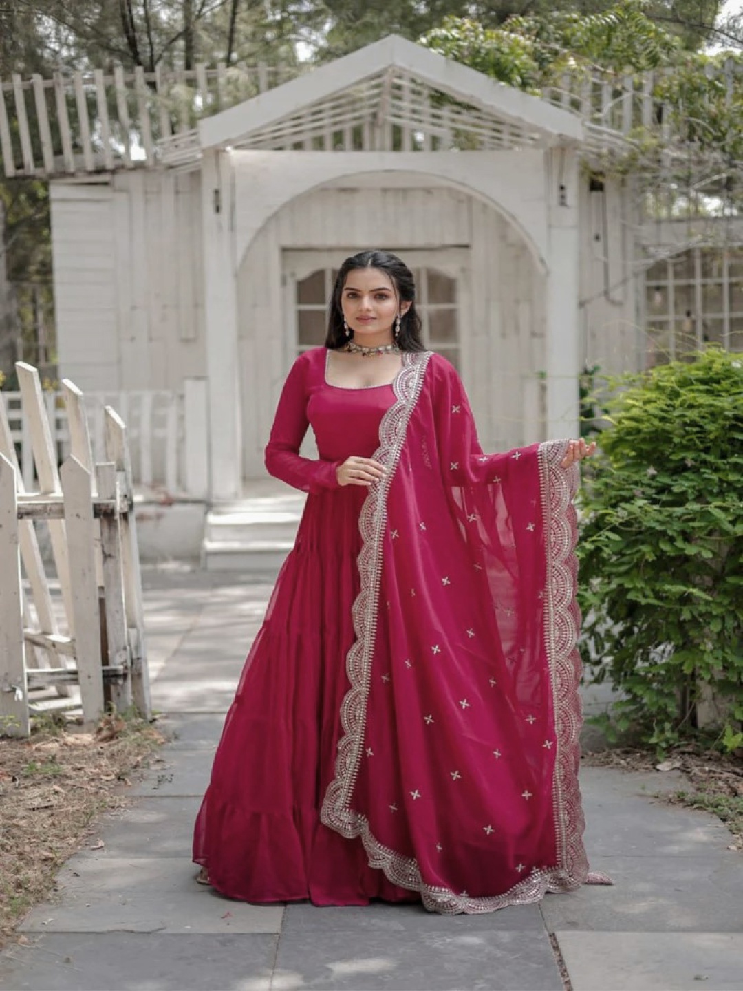 

KALINI U-Neck Long Sleeves Layered Anarkali Kurta With Trousers & Dupatta, Pink