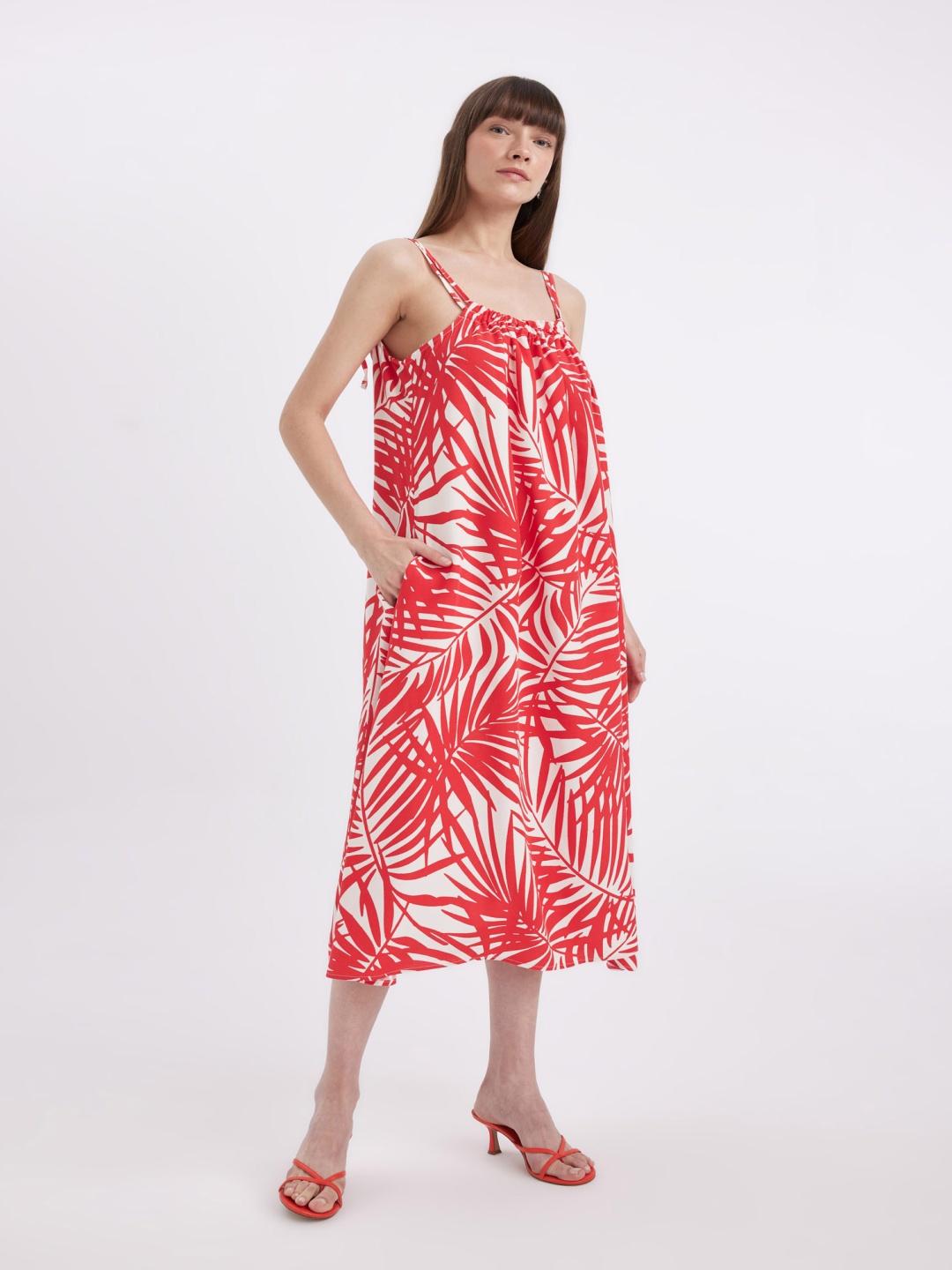 

DeFacto Tropical Print A-Line Midi Dress, Na