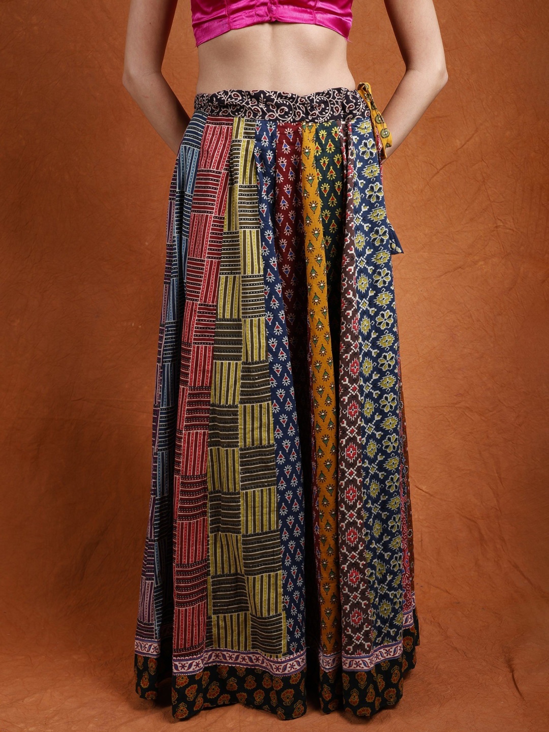 

Exotic India Printed Pure Cotton A-Line Maxi Skirt, Maroon