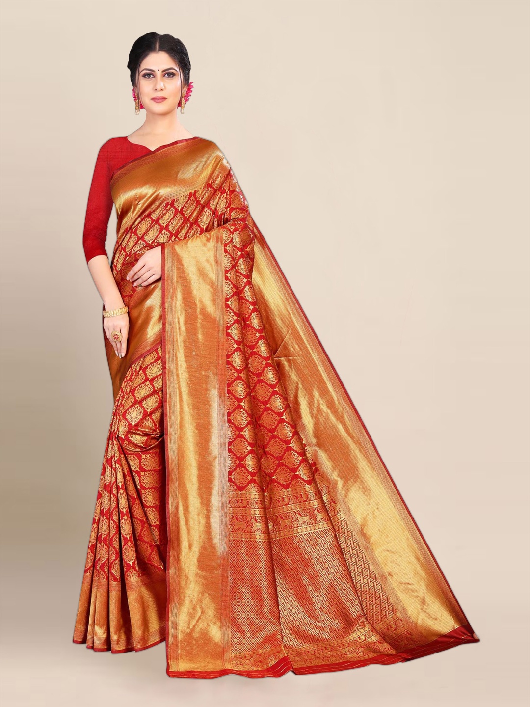 

Aldwych Ethnic Motifs Woven Design Zari Silk Blend Designer Banarasi Saree, Red