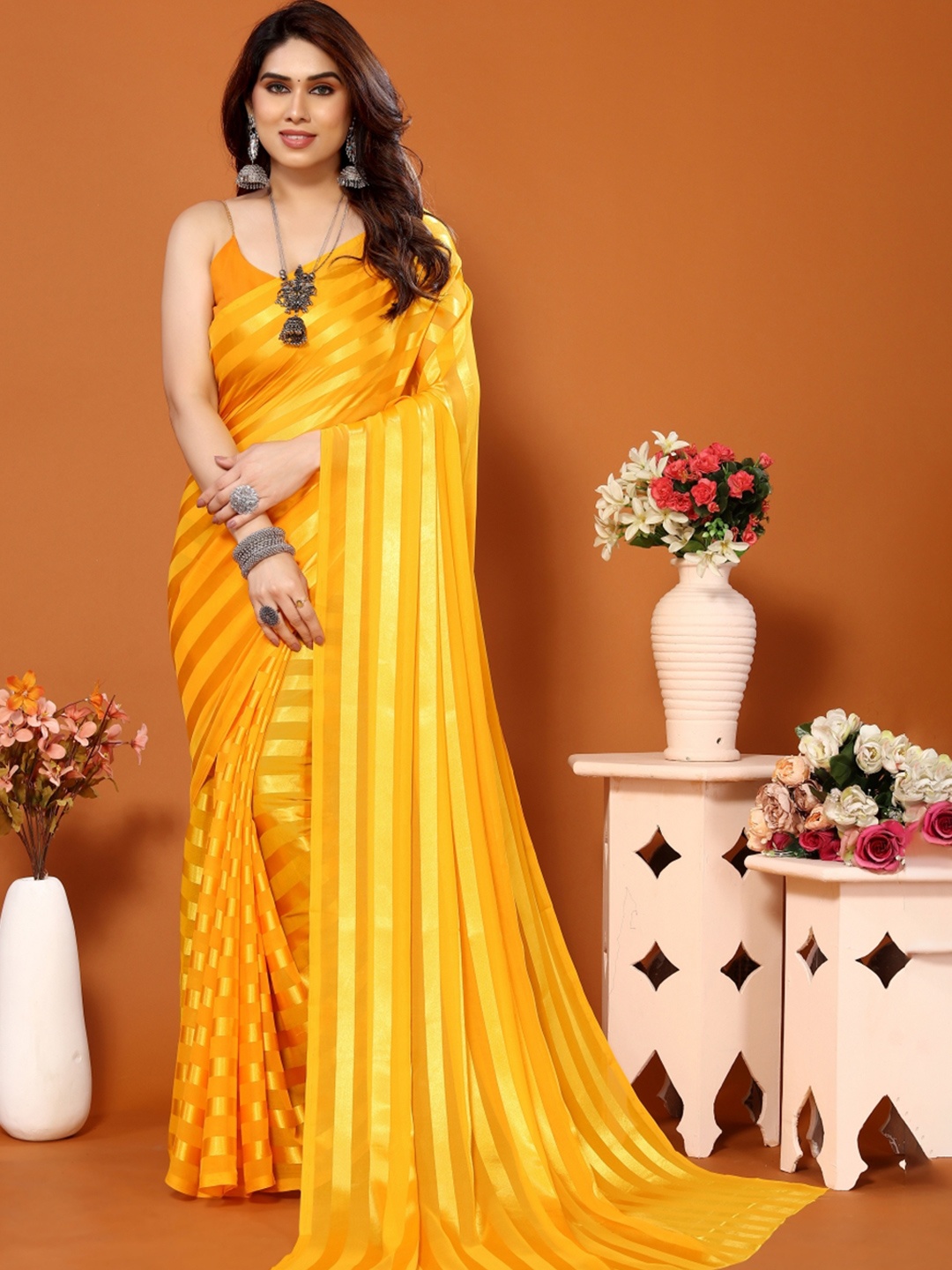 

Moda Rapido Striped Satin Saree, Yellow