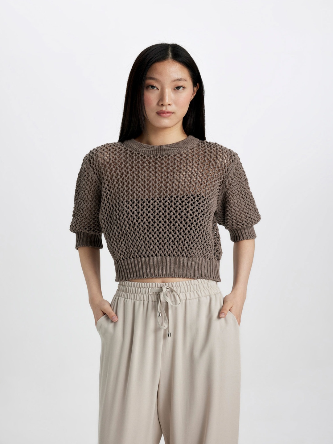 

DeFacto Self-Design Knitted Crop Top, Brown