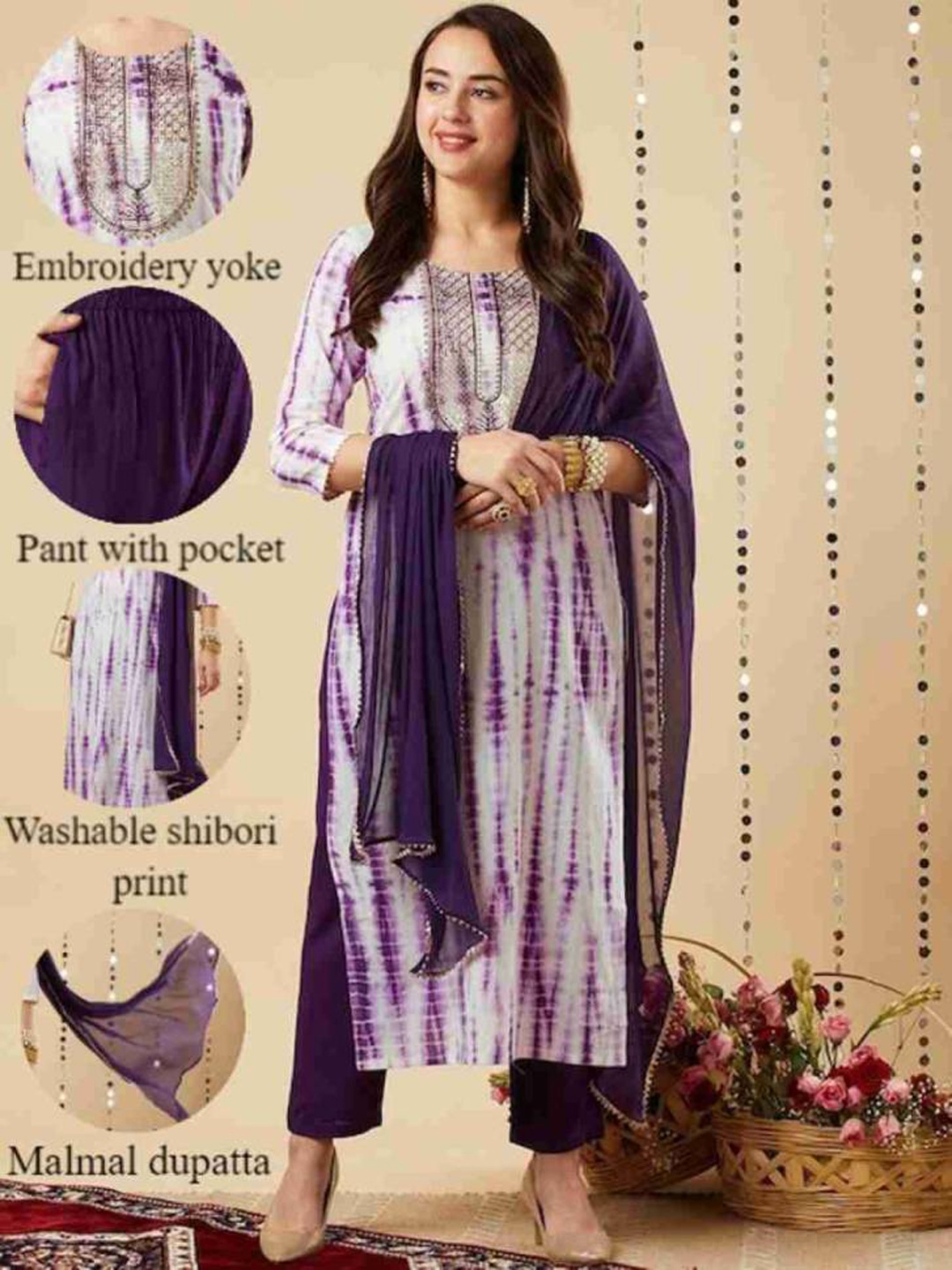 

ANJAYA Tie & Dye Sequinned Straight Kurta With Trousers & Dupatta, Purple