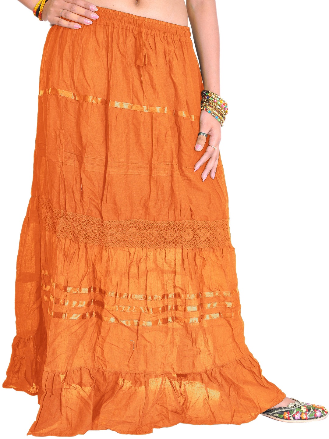 

Exotic India Lace & Crochet Detail Long Skirt, Orange
