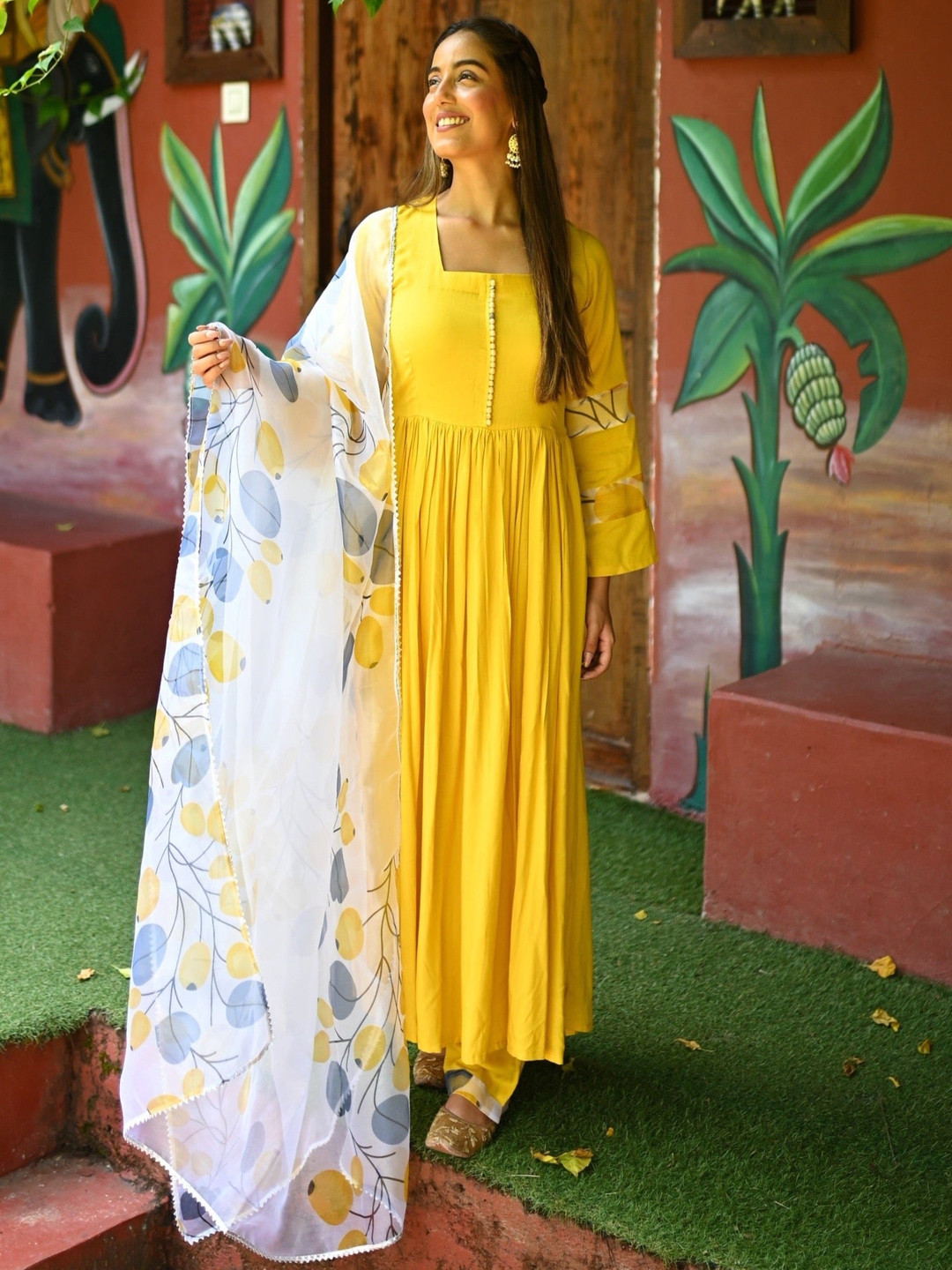 

Chandbaali Empire Gotta Patti Anarkali Kurta with Trousers & Dupatta, Yellow