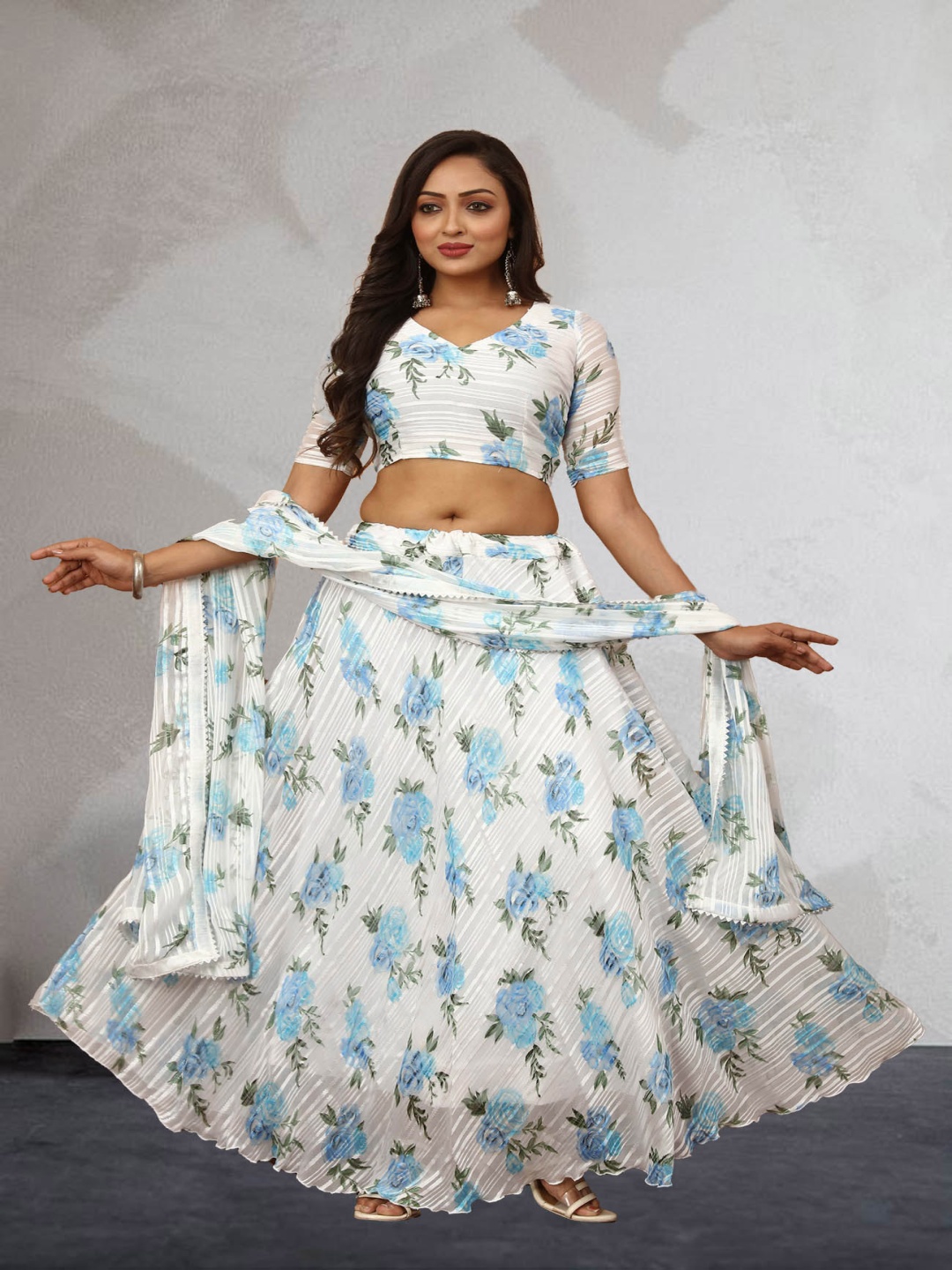 

N ENTERPRISE Printed Semi-Stitched Lehenga & Unstitched Blouse With Dupatta, White