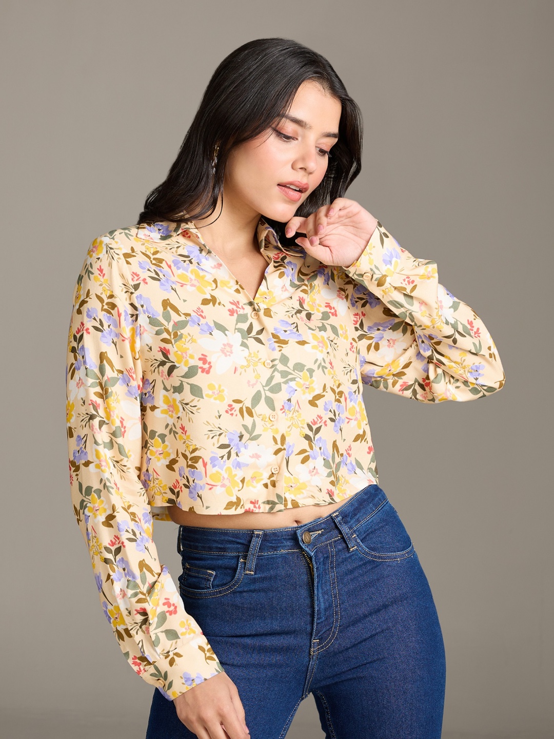 

20Dresses Floral Printed Pointed Collar Casual Crop Shirt, Yellow