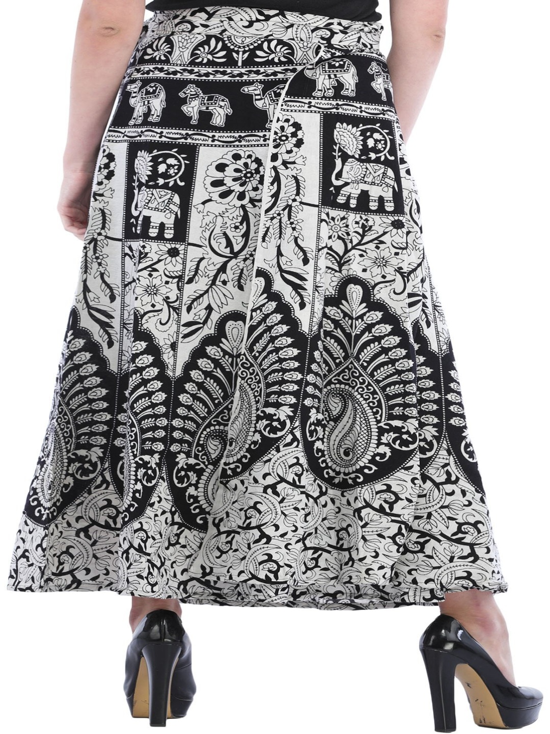 

Exotic India Printed Pure Cotton Wrap Maxi Skirts, White