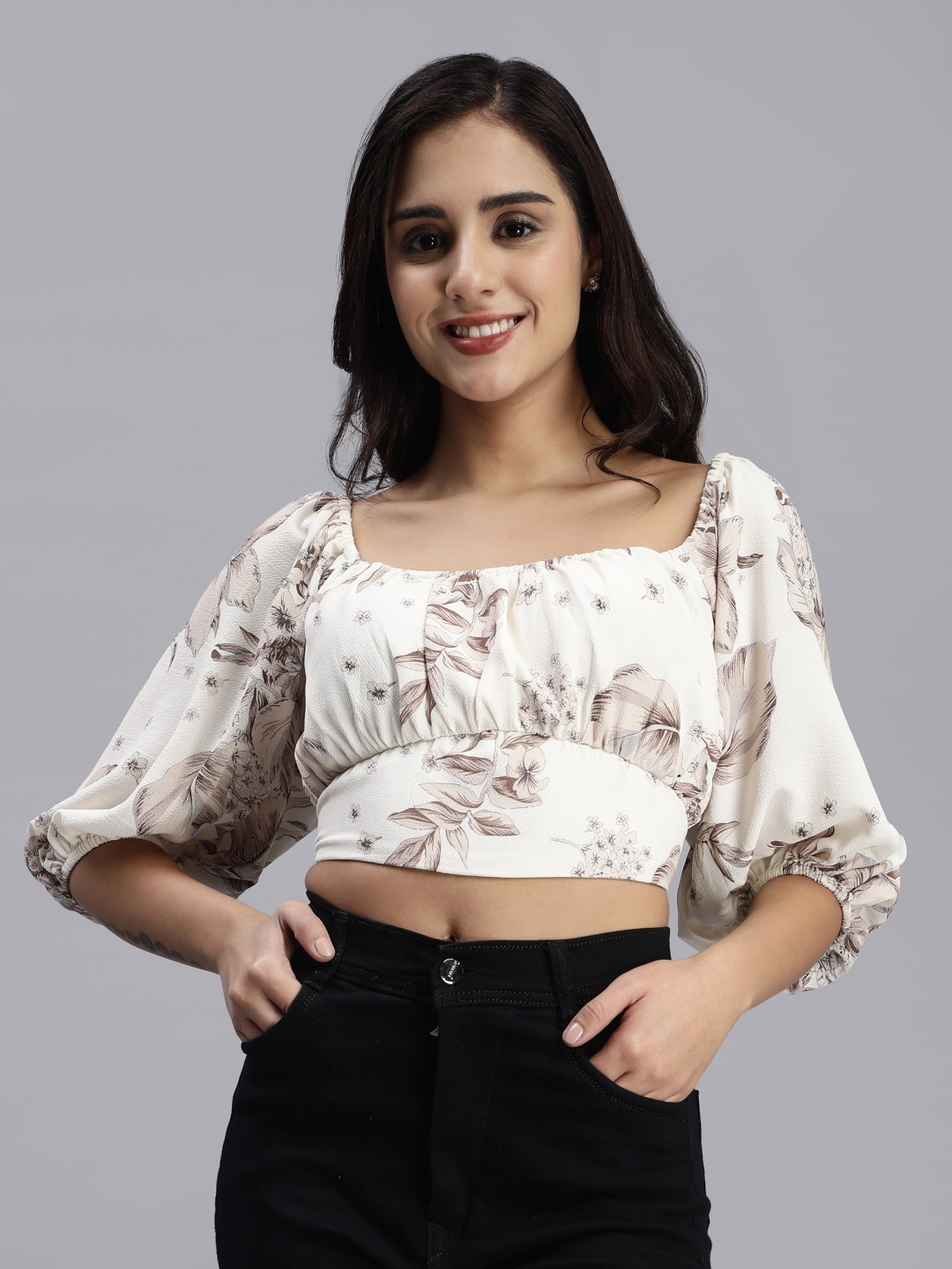 

Sipsew Floral Print Puff Sleeve Blouson Crop Top, Off white