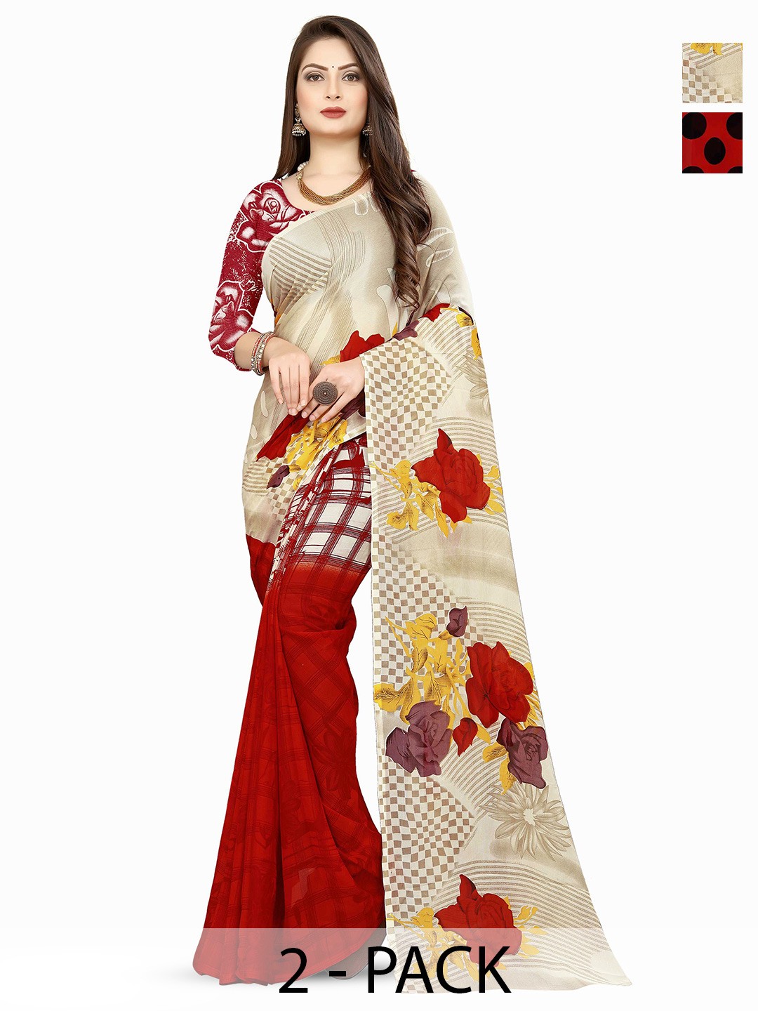 

ANAND SAREES Pack of-2 Floral Printed Saree, Red